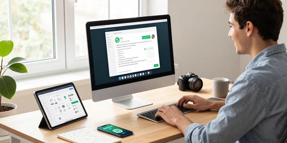 Engaged professional using WhatsApp電腦版 on desktop in modern workspace.