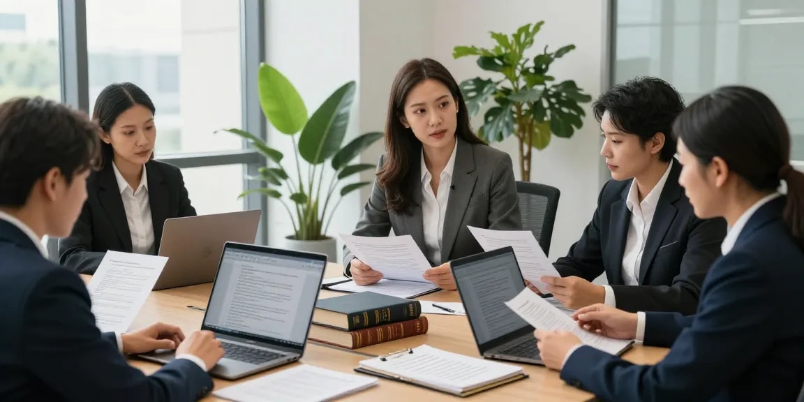Legal professionals discussing their explanation of complex cases in a bright office.