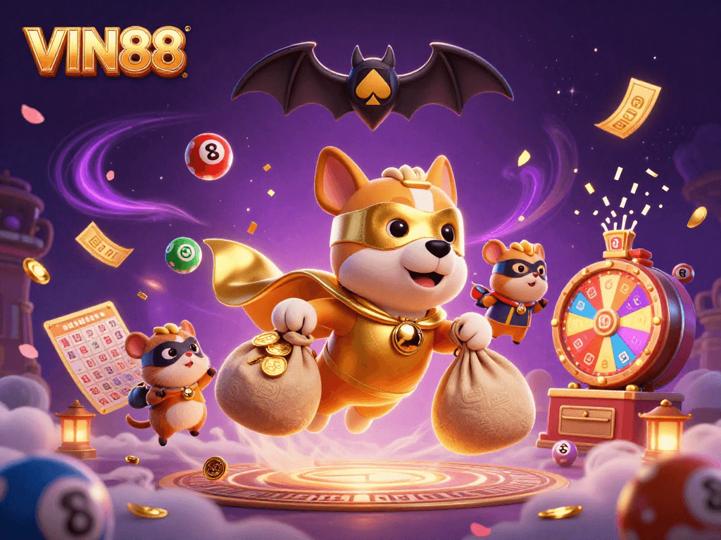 Experience the fun of VIN88 with this vibrant illustration of a superhero dog flying through the air with casino elements.