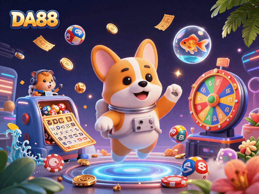 Experience thrilling gaming at DA88, with a vibrant casino scene featuring unique characters and winning elements.