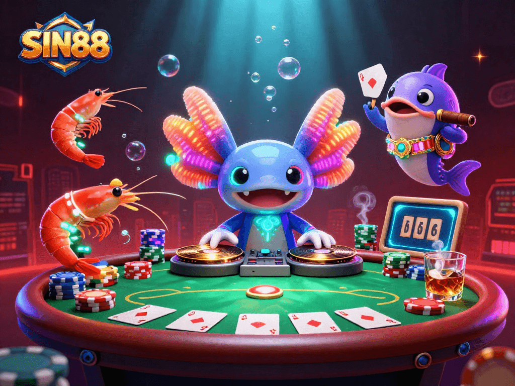 SIN88 showcases a vibrant 3D casino scene with neon characters and poker elements, perfect for bettors.