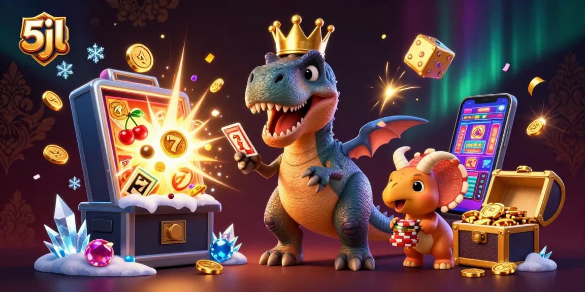 Engage in thrilling gameplay with 5jl's vibrant cartoon casino scene featuring dinosaurs and jackpots.
