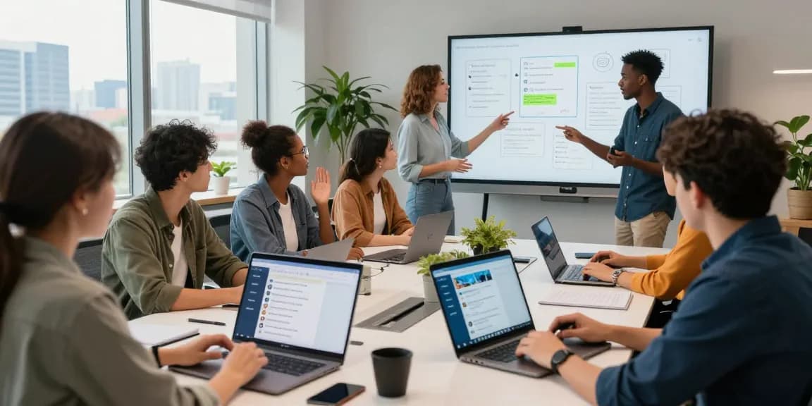 Download Telegram in a vibrant tech workspace with professionals discussing messaging features and user experience.