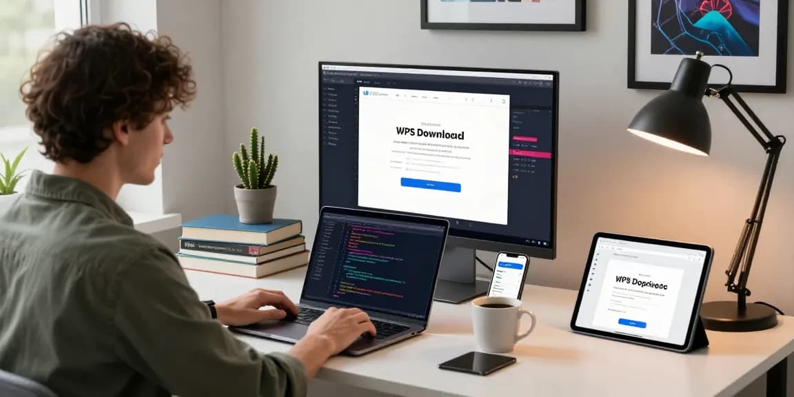 WPS Download made easy in a tech workspace with a developer coding and a laptop displaying the download page.