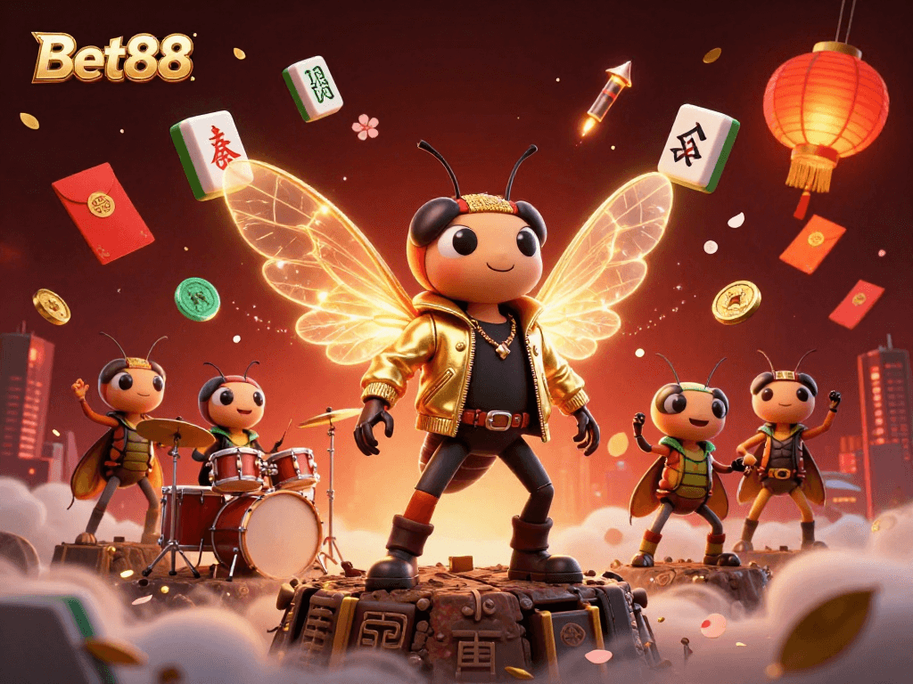 Bet88 showcases a vibrant online gambling experience with dynamic characters and casino elements.