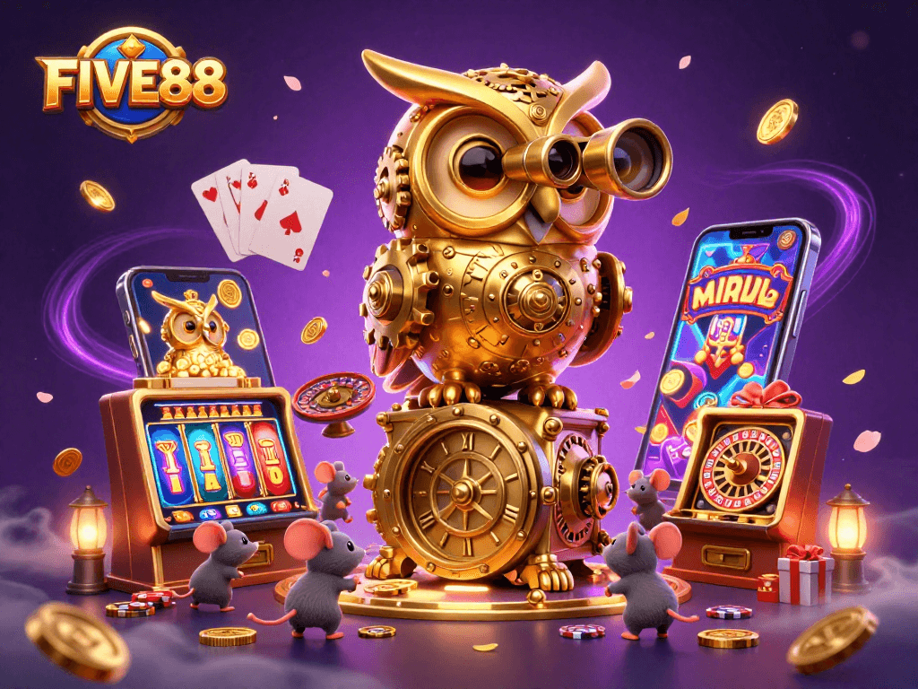 Experience the thrill of gaming at FIVE88 with our stunning 3D casino illustration featuring immersive elements and interactions.
