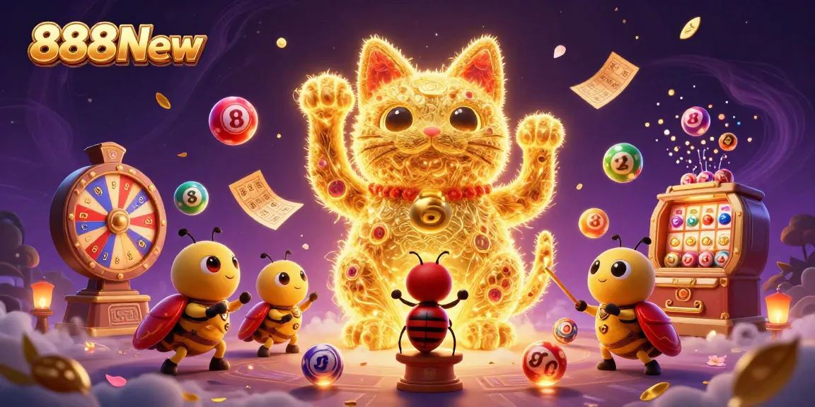 Experience the thrill of gameplay with 888New and a magical lucky cat at the center of a festive casino illustration.