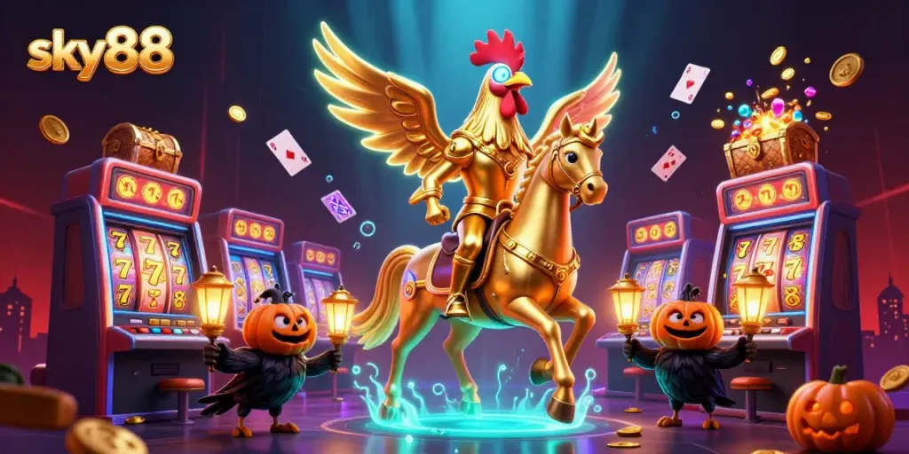 Engaging scene of sky88's golden rooster character and crow companions in a vibrant casino setting.