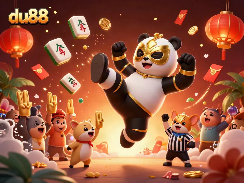 Experience the thrilling action at du88 with an energetic scene of cartoon characters and gambling elements.