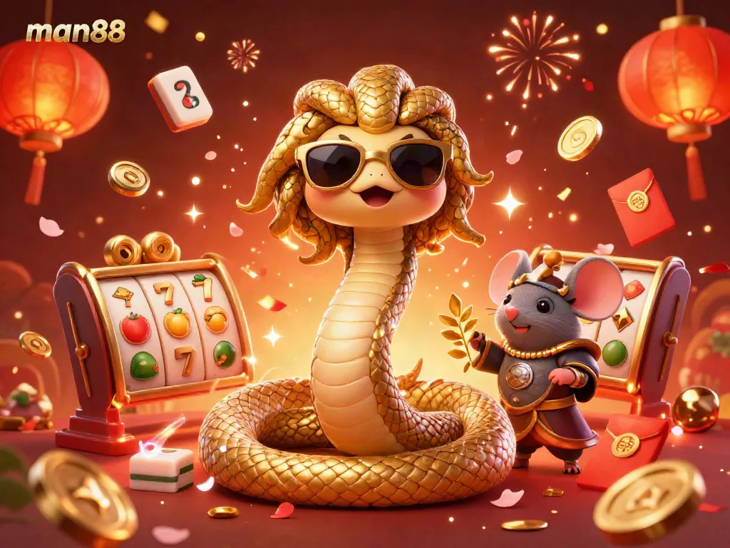 Experience the excitement of man88 with a cheerful Medusa and a mouse warrior surrounded by slot machines in this vibrant casino scene.