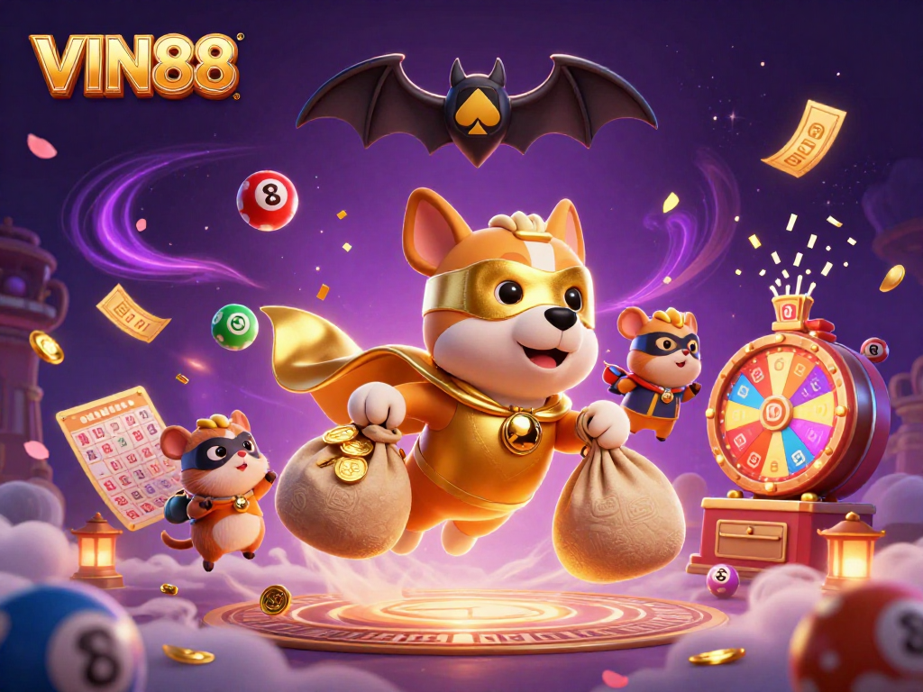 Experience the fun of VIN88 with this vibrant illustration of a superhero dog flying through the air with casino elements.
