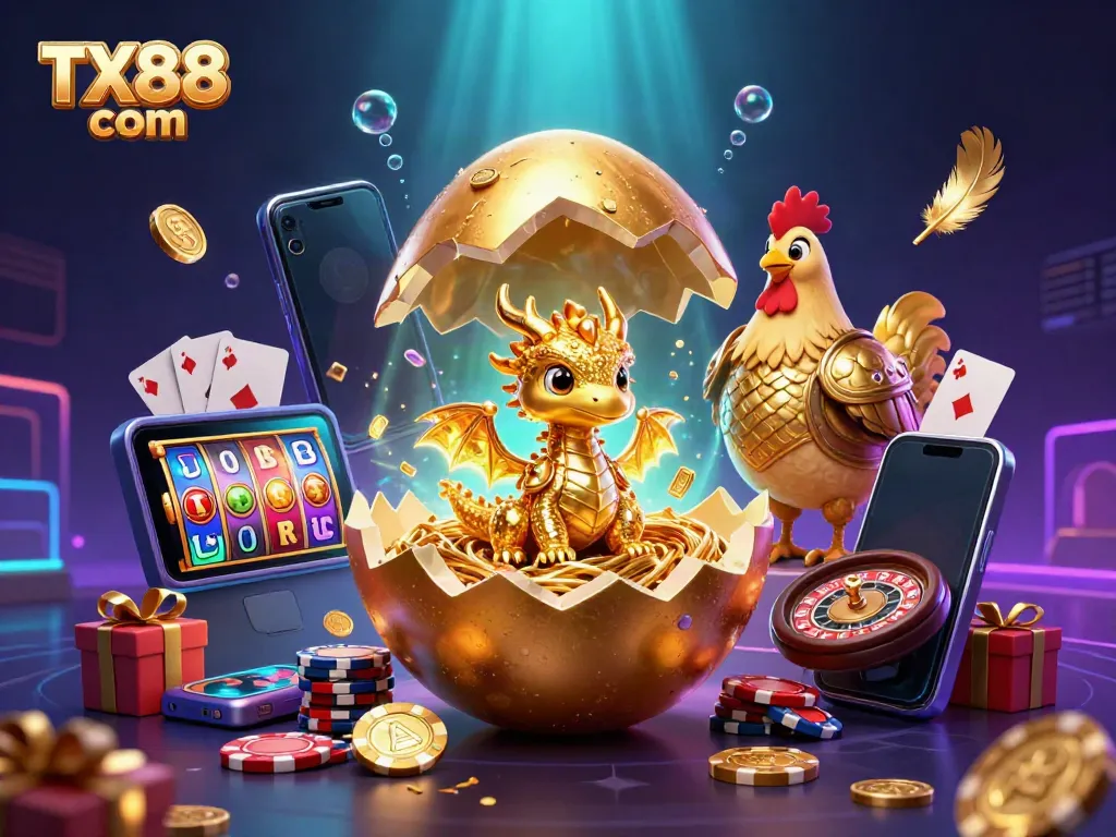 Engage in exciting adventures at TX88 com with a golden dragon amid casino treasures!