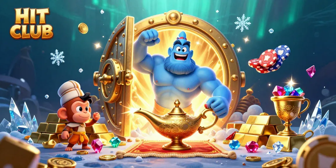 Experience excitement at HIT CLUB with a genie, monkey, and treasure in a vibrant casino scene.