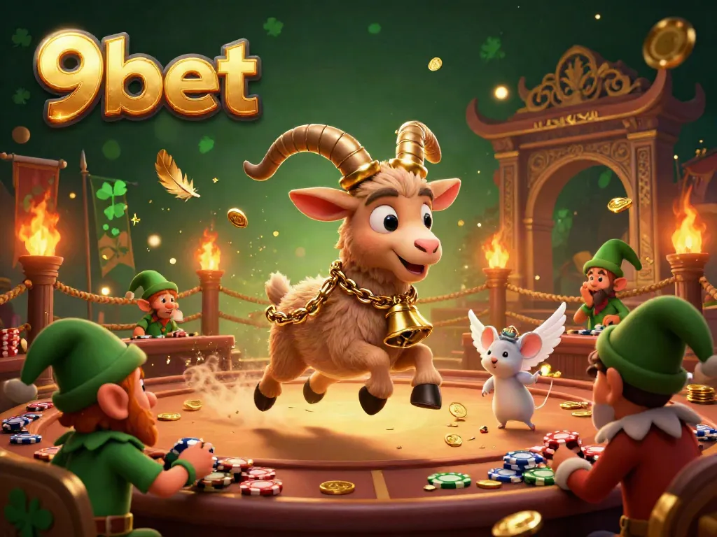Experience the thrilling atmosphere of 9bet with festive characters in a dynamic casino scene.