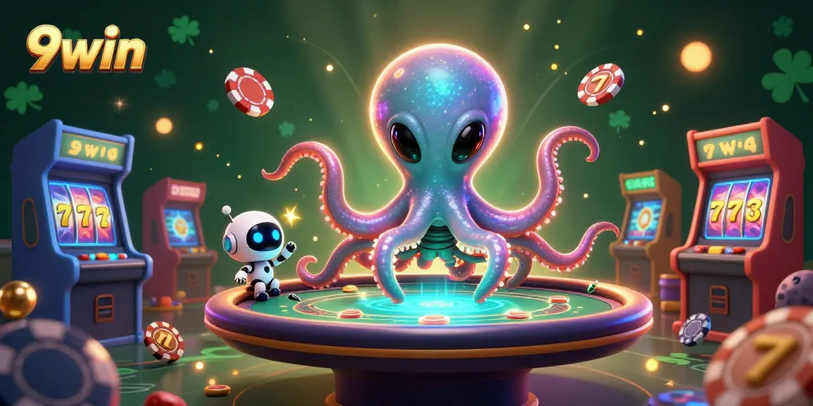 Experience thrilling 9win action with an alien octopus at a holographic poker table and slots!