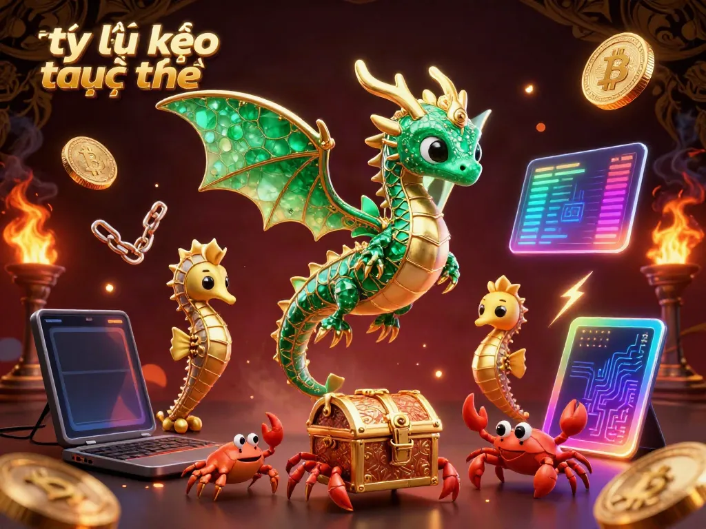 Experience the excitement of tỷ lệ kèo trực tuyến with dynamic 3D visuals featuring a sea dragon and bright crypto-themed elements.