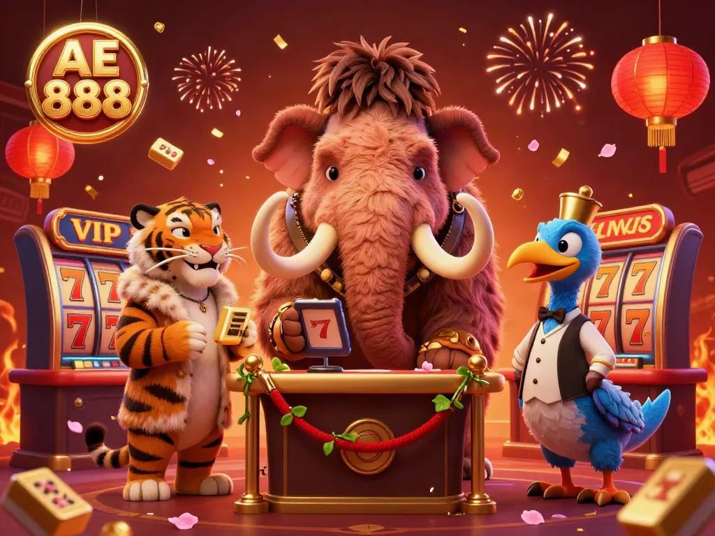 Engage with AE 888, featuring a woolly mammoth bouncer and saber-tooth tiger guest in a vibrant casino scene.