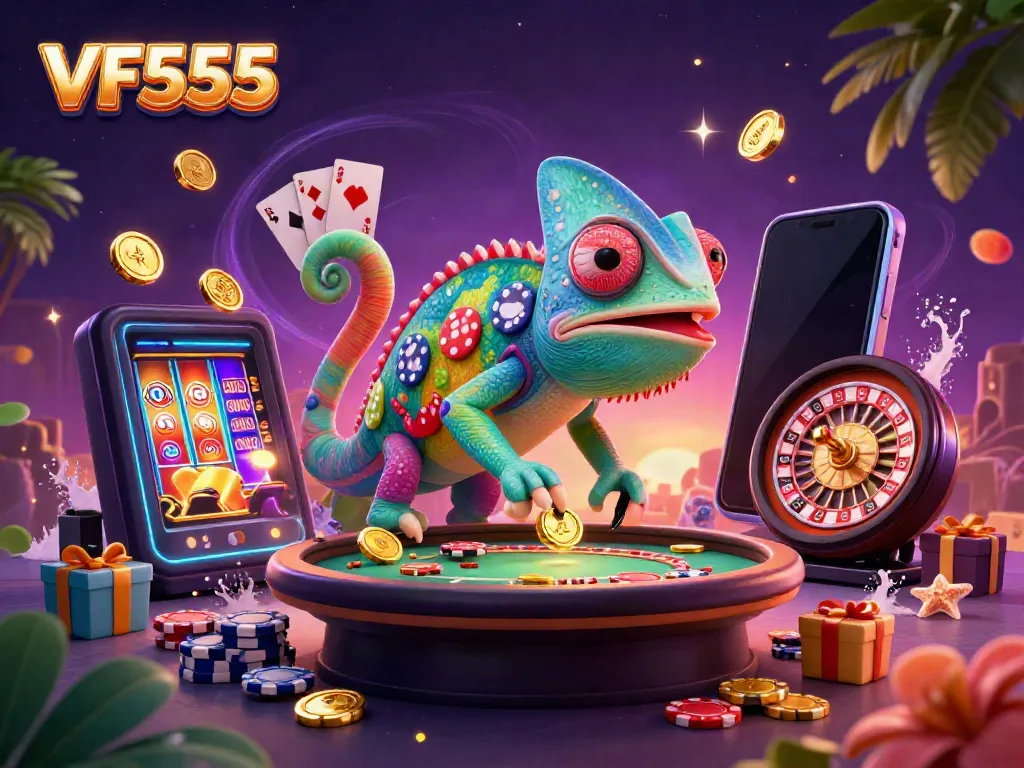 Experience thrilling gaming action in VF555 Casino with vibrant chameleon and interactive games.