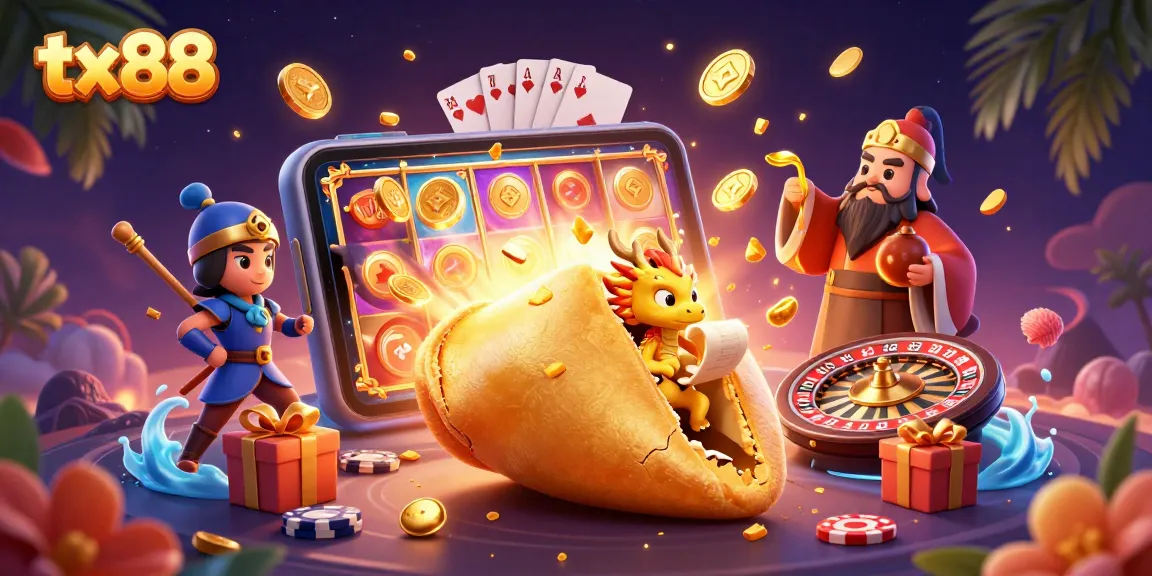 tx88 engages players with an epic casino adventure featuring glowing treasures and vibrant slot games.