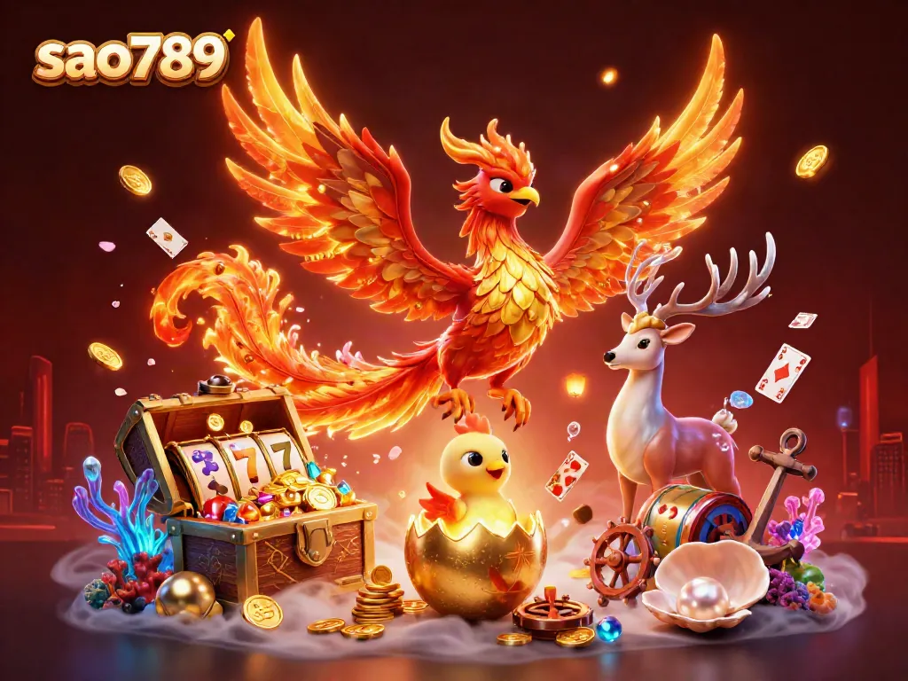 Play and win with sao789 in a vibrant phoenix-themed casino scene filled with treasures and slot elements.