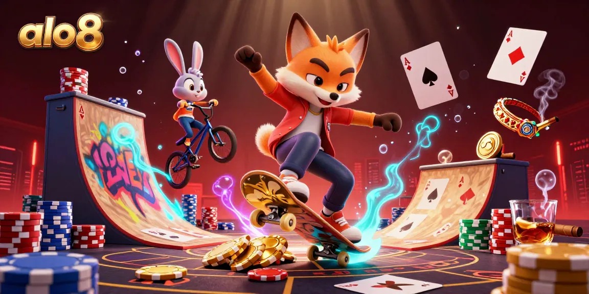 Experience the thrill at alo8 with a dynamic fox and rabbit in a vibrant casino scene.