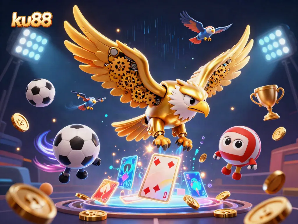 Experience high-stakes action at ku88 with a dynamic 3D illustration showcasing a cybernetic eagle amidst holographic casino elements.