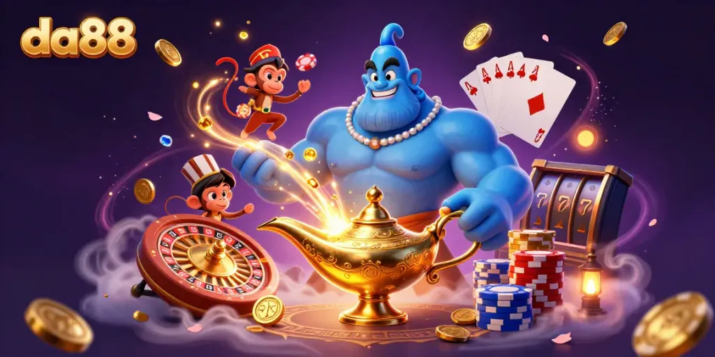 Experience thrilling gaming action with da88's genie and monkey amid vibrant casino elements.