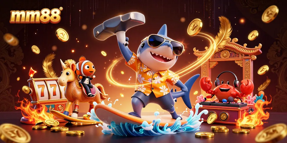 Engage in thrilling gameplay with mm88 as the hammer-head shark surfs gold coins in a vibrant casino scene.