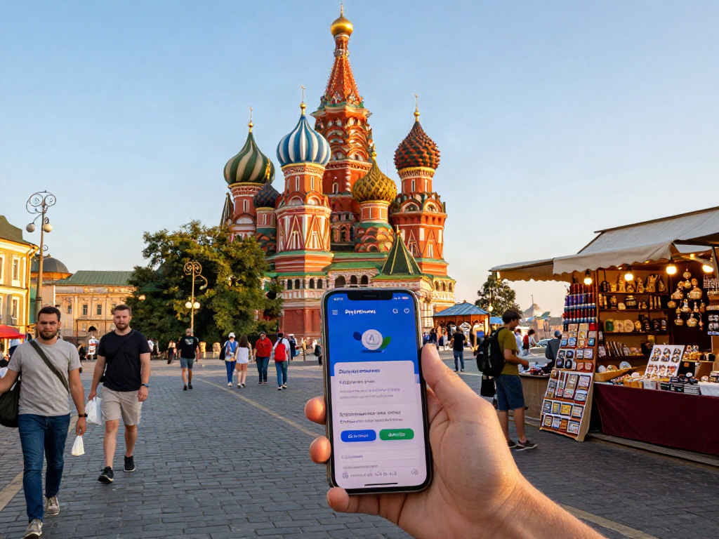 Yabancı bir turist, https://payinrussia.com/ uygulamasını kullanarak Rus bir katedralin önünde duruyor ve yerel atmosferi keşfediyor.