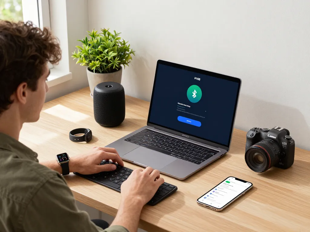 Engaging scene of cool tech gadgets under $168 in a modern workspace with a young adult using various Bluetooth devices.