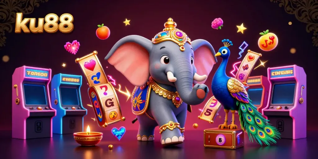 Experience thrilling gameplay at ku88 with colorful slot reels and joyous characters in a dynamic casino scene.