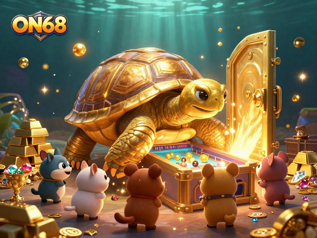 Experience the thrill of ON68 with a vibrant 3D illustration featuring a colossal tortoise pinball machine amidst treasures.