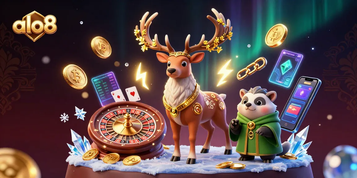 Experience thrilling gaming with alo8 in a vibrant casino-themed illustration featuring unique characters and crypto elements.