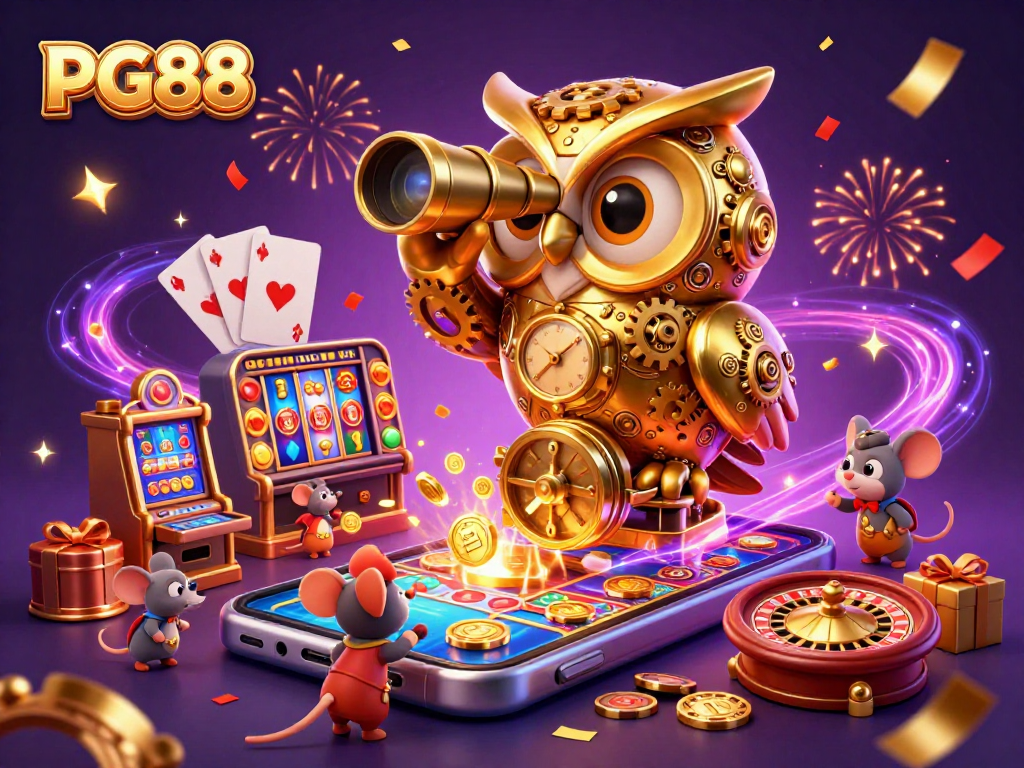 Experience PG88 with a clockwork owl overseeing a vibrant casino scene filled with excitement.