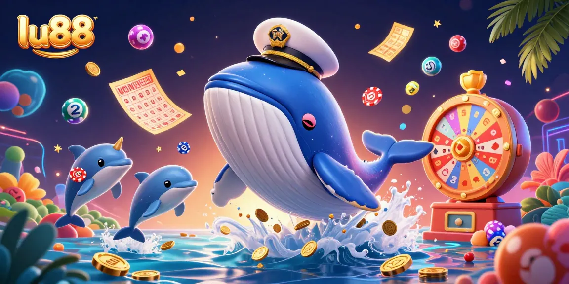 lu88 captures the excitement of gaming with a vibrant 3D scene of whimsical sea creatures and lottery elements.