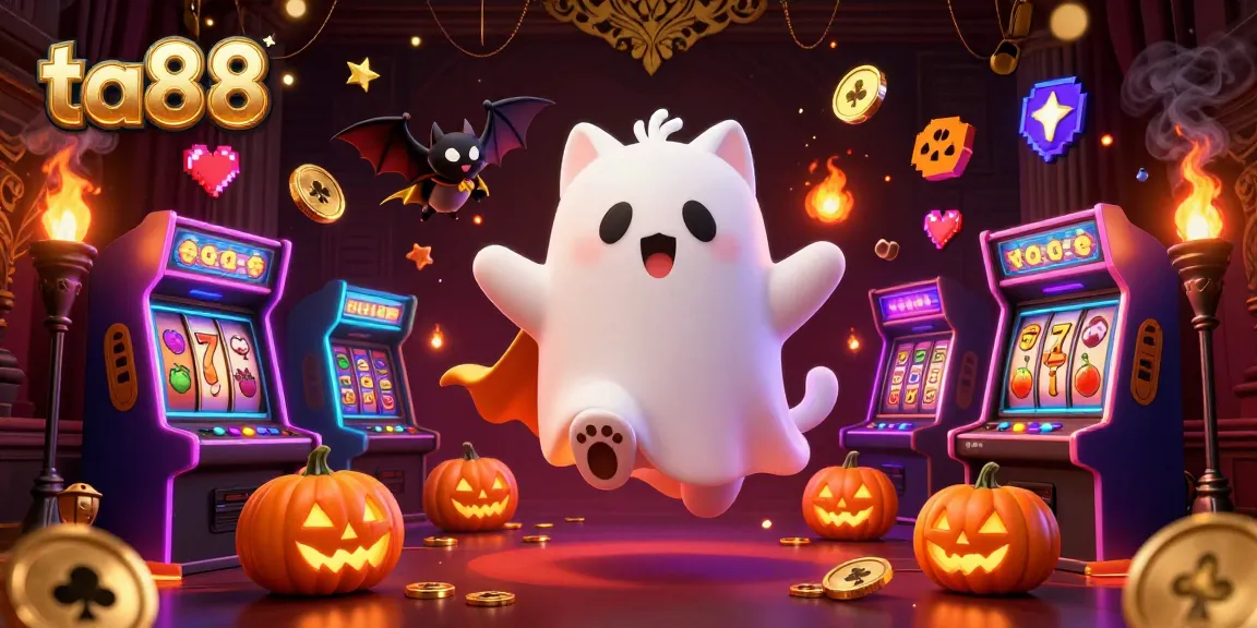 Experience the thrill of ta88 while enjoying a cartoon ghost cat floating through a haunted casino filled with slots.