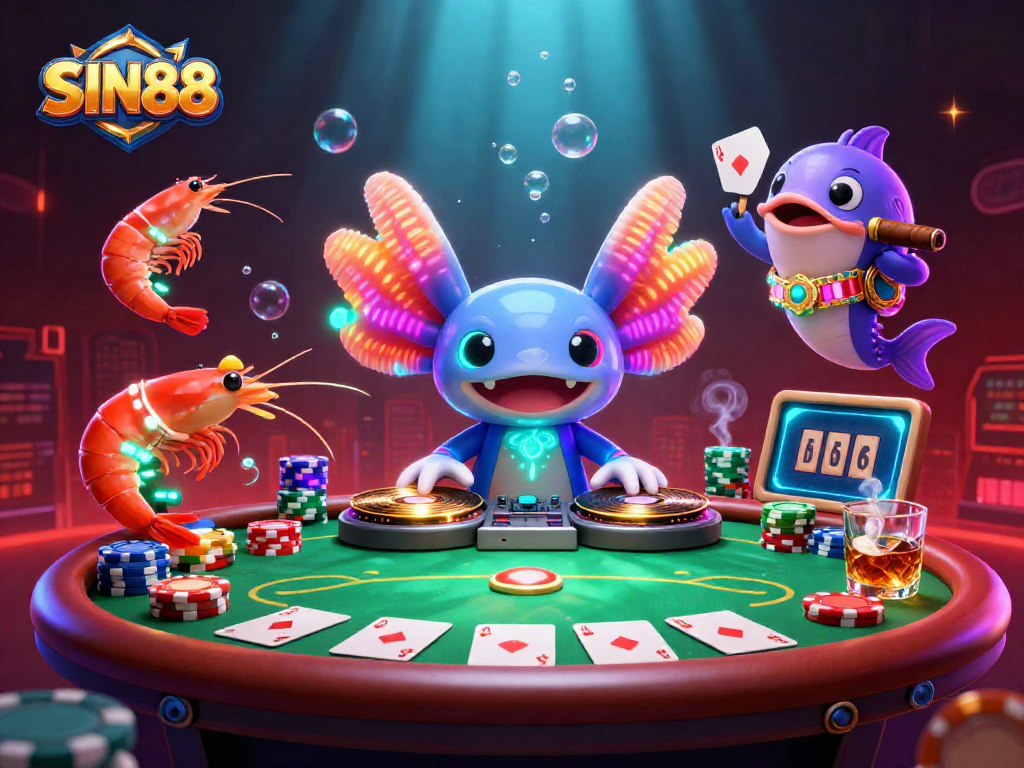 SIN88 showcases a vibrant 3D casino scene with neon characters and poker elements, perfect for bettors.
