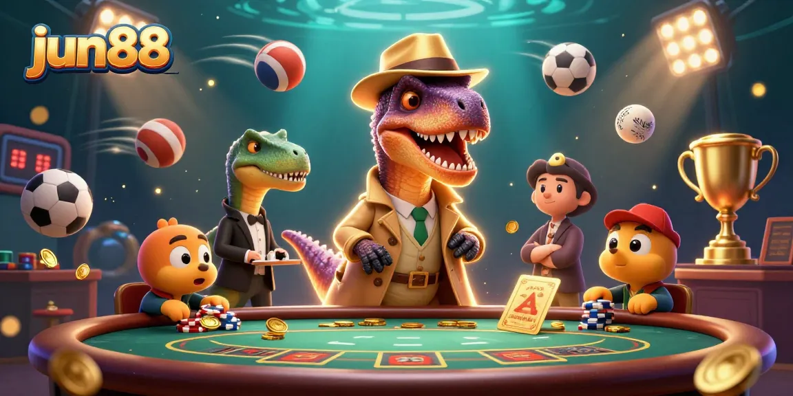 Experience the vibrant excitement of jun88 with a clever velociraptor at a blackjack table in this dynamic casino scene.