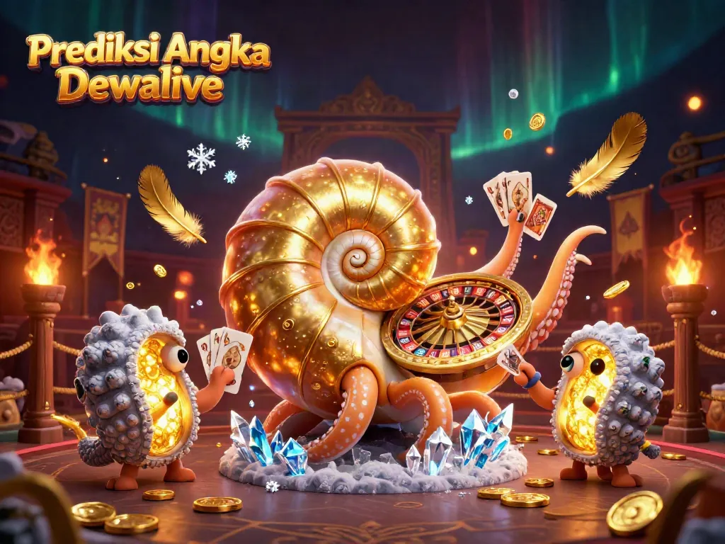 Prediksi Angka Dewalive menampilkan 3D nautilus raksasa dengan elemen kasino dan cahaya emas.