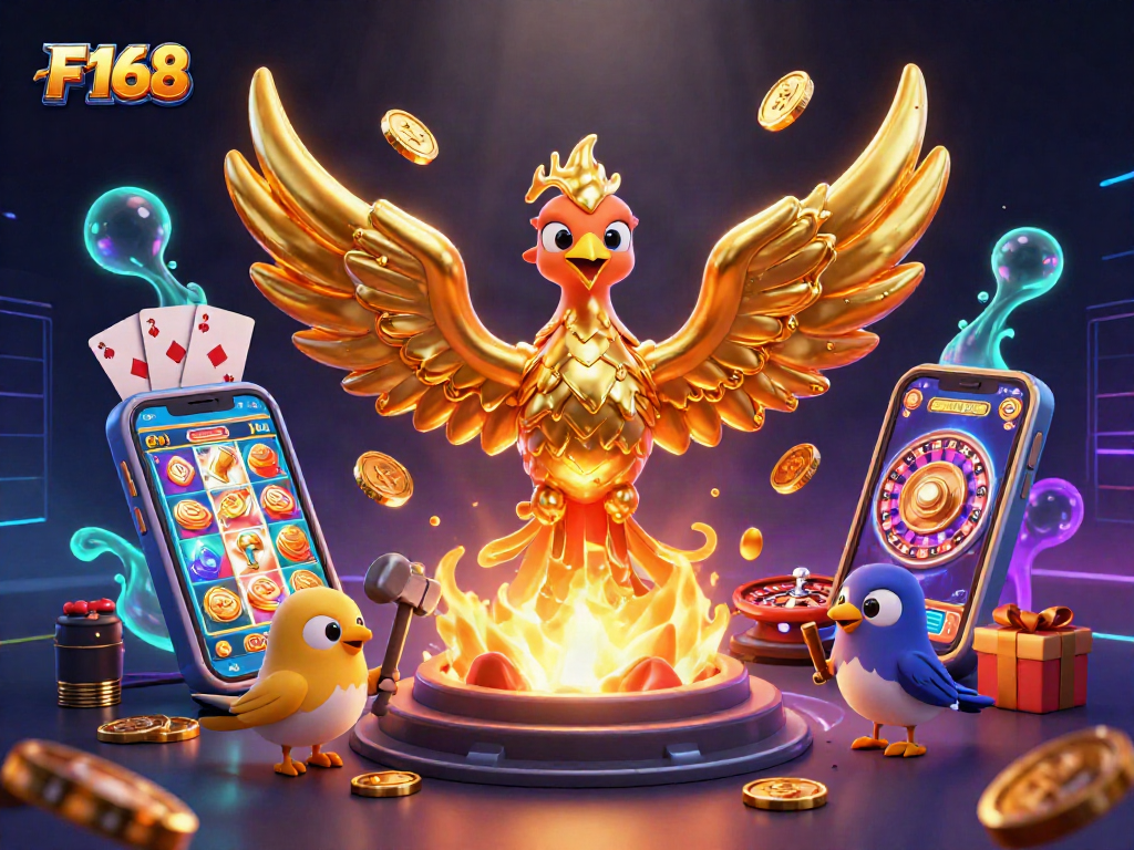 Experience the excitement of F 168 with this vibrant 3D illustration of a golden phoenix and casino elements.