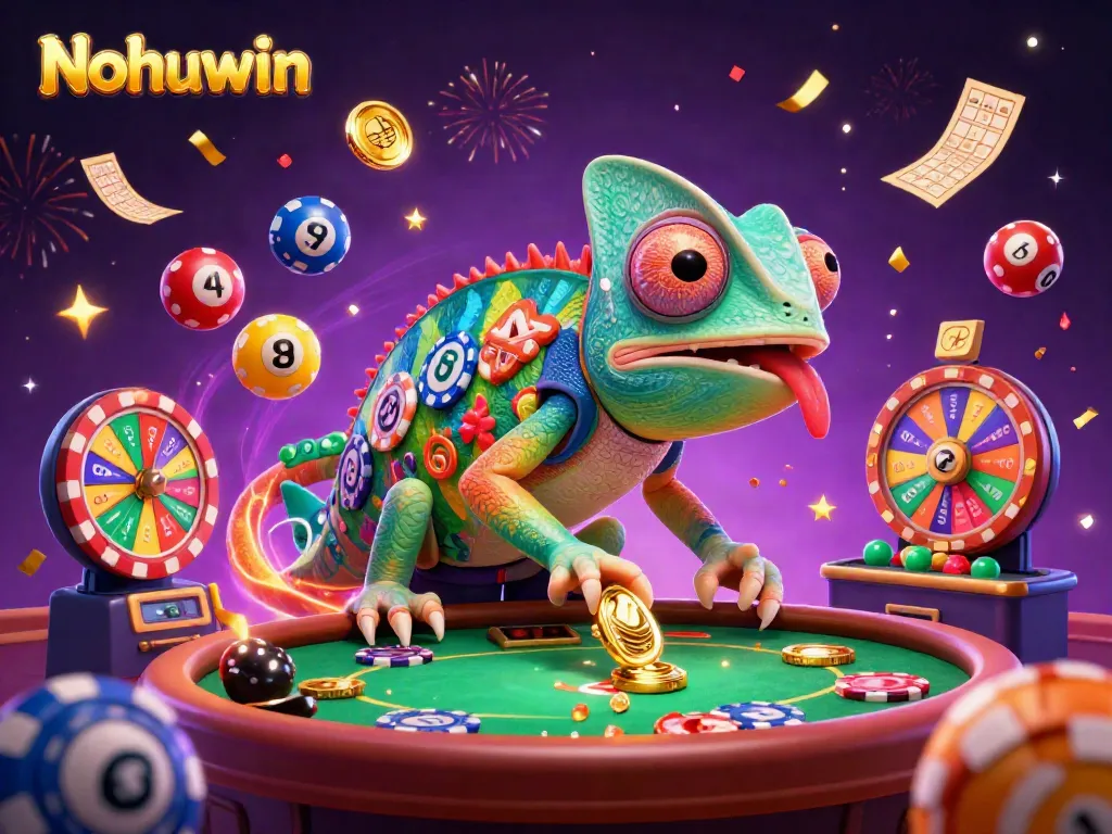 Nohuwin spins the wheel of fortune with vibrant elements, creating an engaging casino experience.