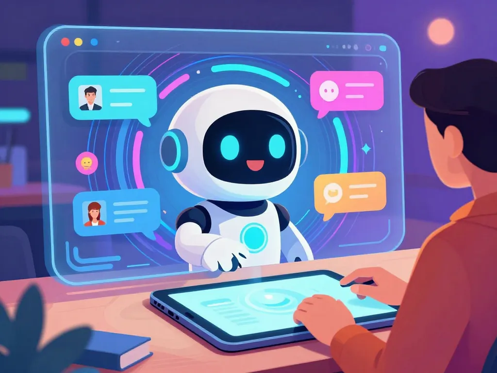 Engaging digital environment showcasing a "spicy AI" chatbot character interacting with users on a sleek tablet screen, emphasizing friendly AI companionship and creativity.