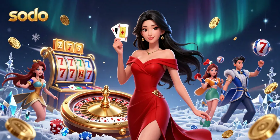 Sodo casino scene featuring a glamorous woman playing cards, surrounded by lively gaming elements.