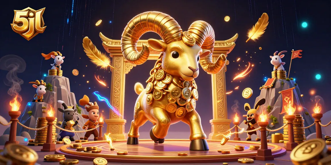 Engage with 5jl through a dazzling 3D illustration of a golden ram charging at a casino gate.