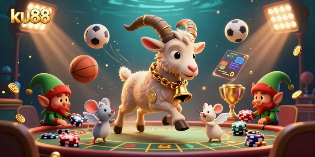 Play lucky games at ku88 with a festive Krampus overseeing a lively casino with sports elements.