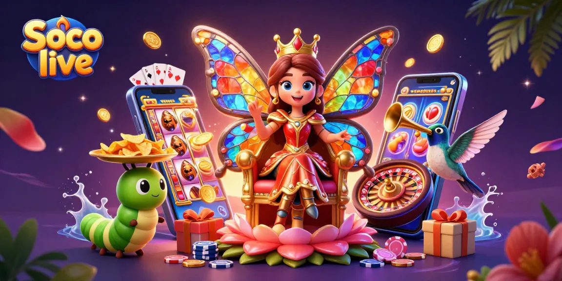 Soco live showcases an exhilarating scene with a butterfly queen, slot games, and colorful casino elements
