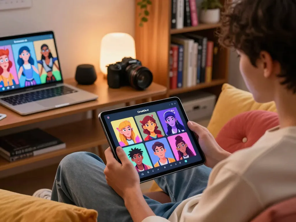Engaging CrushOn AI chat scene with custom character illustrations on a tablet in a cozy living room setting.
