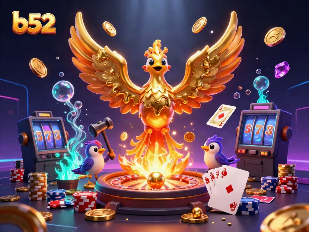 Experience thrilling moments at b52 with a golden phoenix emerging from a forge, surrounded by casino elements.