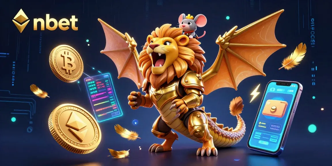 Engage with nbet's triumphant chimera atop cryptocurrency assets in a vibrant casino scene.