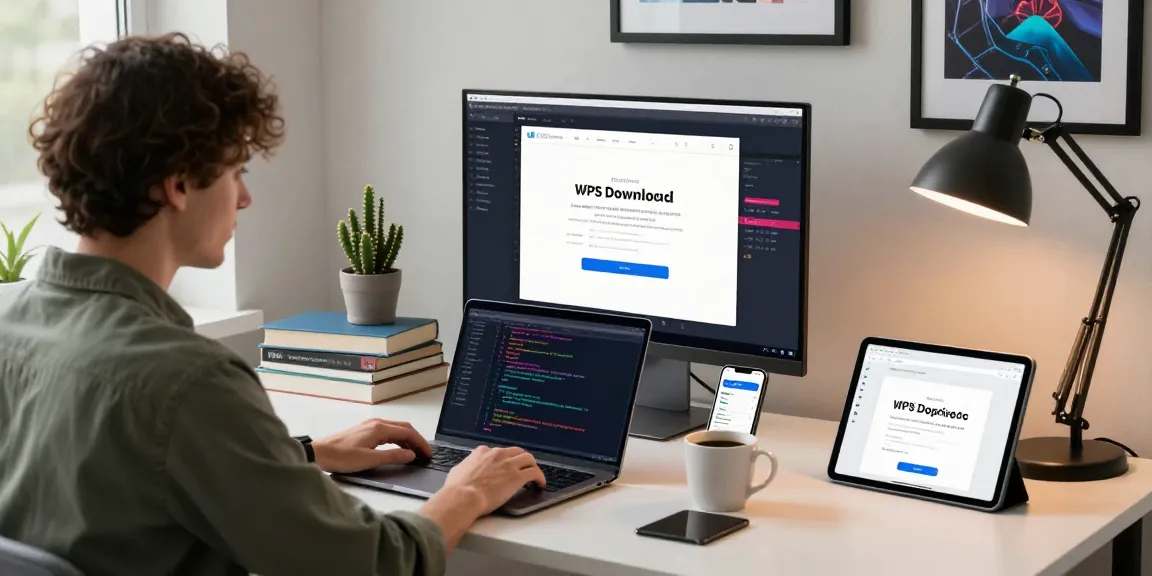 WPS Download made easy in a tech workspace with a developer coding and a laptop displaying the download page.